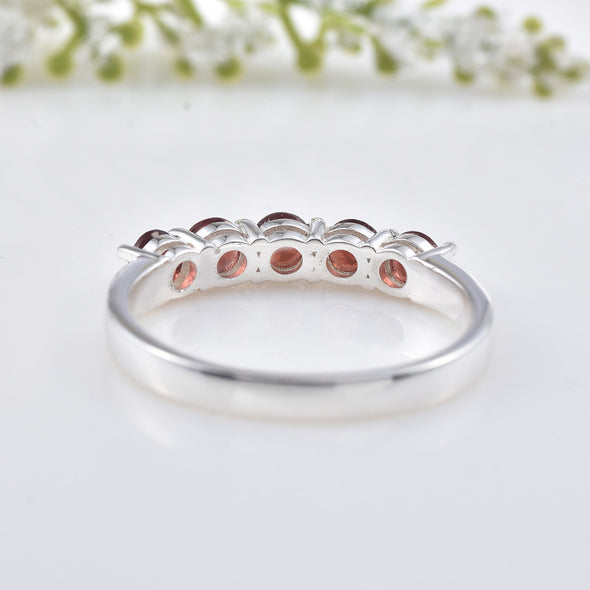 925 Sterling Silver 4x4MM Round Garnet Five Stone Eternity Band Ring
