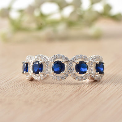 925 Sterling Silver 4x4MM Round Blue Sapphire Halo Band with CZ Accents Ring