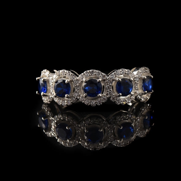 925 Sterling Silver 4x4MM Round Blue Sapphire Halo Band with CZ Accents Ring