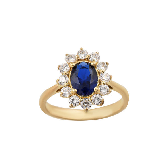 925 Sterling Silver 8x6MM Oval Blue Sapphire Halo with CZ Accents Ring