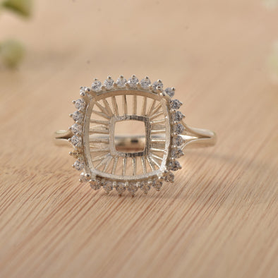 925 Sterling Silver 12x12MM Cushion Semi-Mount Ring with CZ Halo
