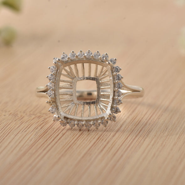 925 Sterling Silver 12x12MM Cushion Semi-Mount Ring with CZ Halo