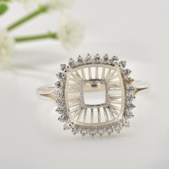 925 Sterling Silver 12x12MM Cushion Semi-Mount Ring with CZ Halo