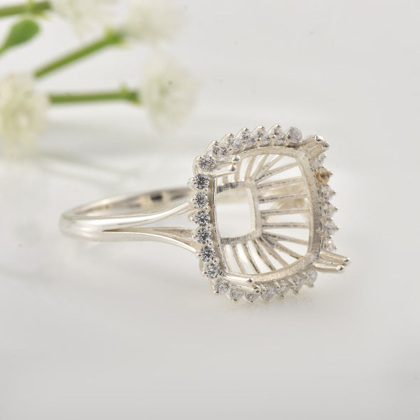 925 Sterling Silver 12x12MM Cushion Semi-Mount Ring with CZ Halo