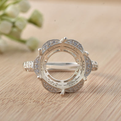 925 Sterling Silver 14x14MM Round Semi-Mount Ring with Pave CZ Accents