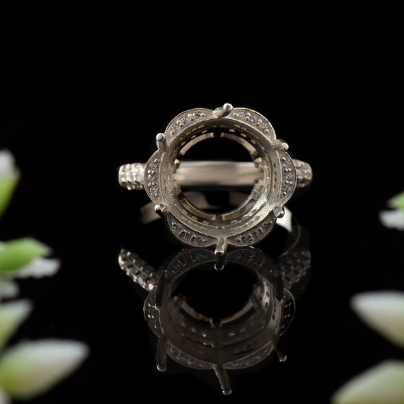 925 Sterling Silver 14x14MM Round Semi-Mount Ring with Pave CZ Accents
