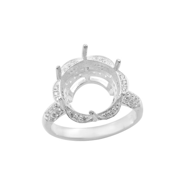 925 Sterling Silver 14x14MM Round Semi-Mount Ring with Pave CZ Accents
