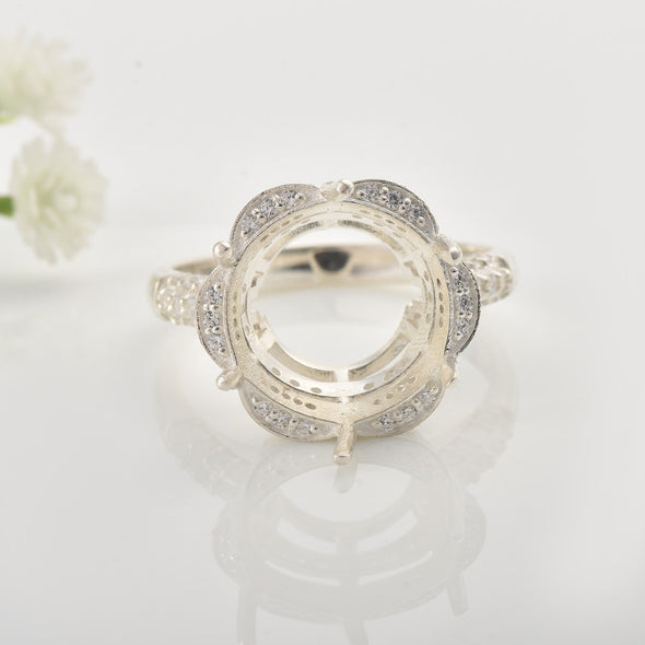925 Sterling Silver 14x14MM Round Semi-Mount Ring with Pave CZ Accents