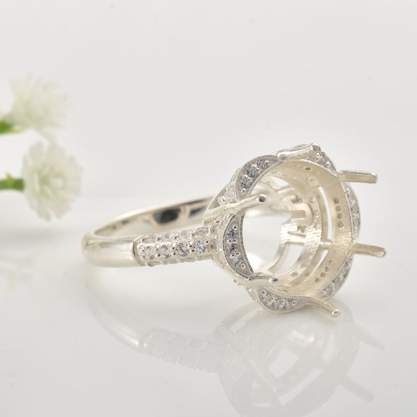 925 Sterling Silver 14x14MM Round Semi-Mount Ring with Pave CZ Accents