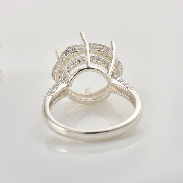 925 Sterling Silver 14x14MM Round Semi-Mount Ring with Pave CZ Accents