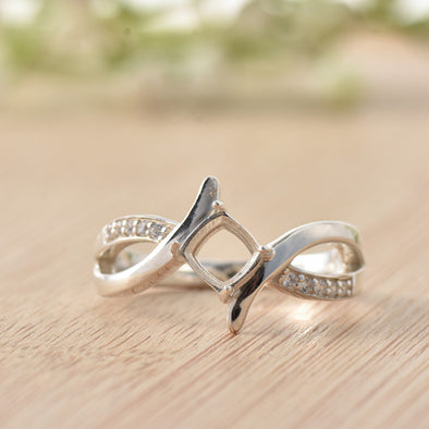 925 Sterling Silver 5x5MM Cushion Semi-Mount Ring with Twisted Band & CZ Accents