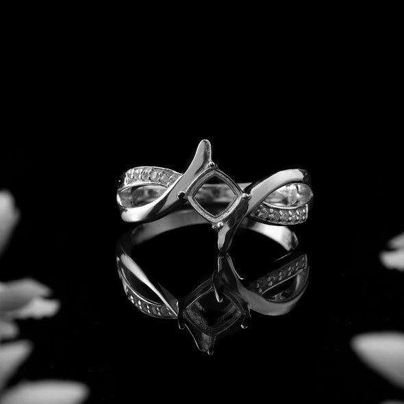 925 Sterling Silver 5x5MM Cushion Semi-Mount Ring with Twisted Band & CZ Accents