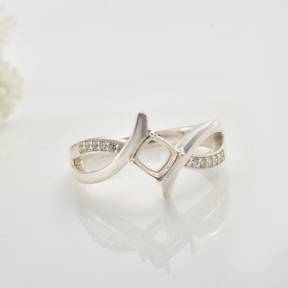 925 Sterling Silver 5x5MM Cushion Semi-Mount Ring with Twisted Band & CZ Accents
