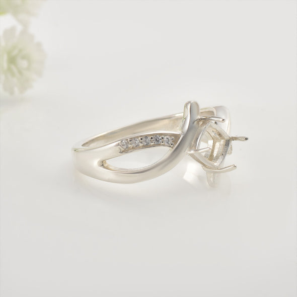 925 Sterling Silver 5x5MM Cushion Semi-Mount Ring with Twisted Band & CZ Accents