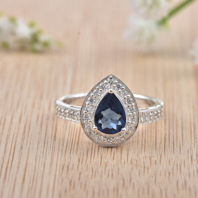925 Sterling Silver 7x5MM Pear Blue Sapphire  Halo & CZ Accents Ring