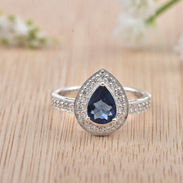 925 Sterling Silver 7x5MM Pear Blue Sapphire  Halo & CZ Accents Ring