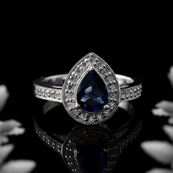 925 Sterling Silver 7x5MM Pear Blue Sapphire  Halo & CZ Accents Ring