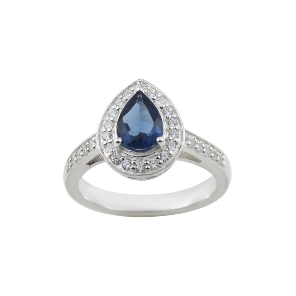 925 Sterling Silver 7x5MM Pear Blue Sapphire  Halo & CZ Accents Ring