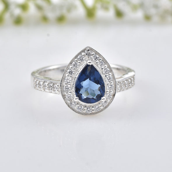 925 Sterling Silver 7x5MM Pear Blue Sapphire  Halo & CZ Accents Ring