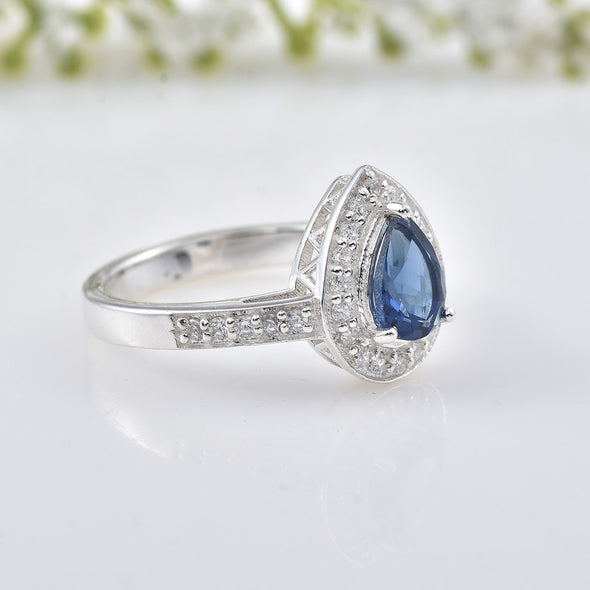 925 Sterling Silver 7x5MM Pear Blue Sapphire  Halo & CZ Accents Ring