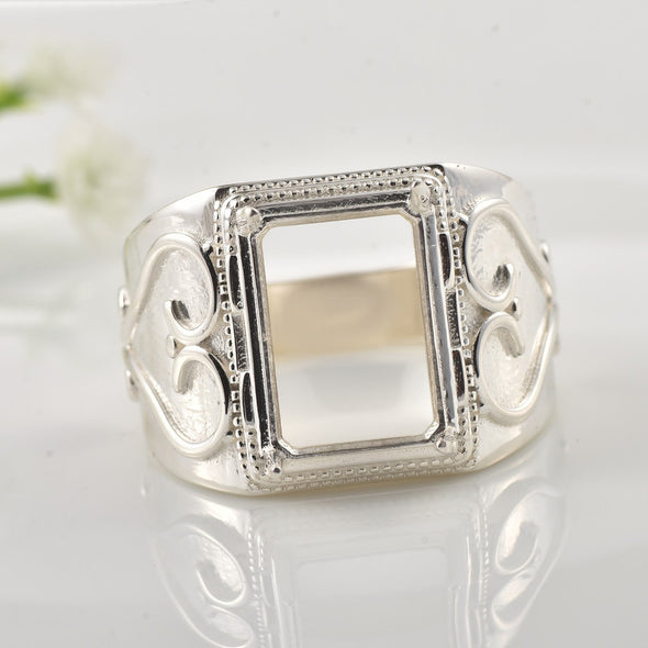 925 Sterling Silver Vintage Style 14x10MM Octagon Semi-Mount Ring