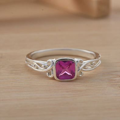 925 Sterling Silver Vintage Style 6x6MM Cushion Pink Topaz Solitaire Ring