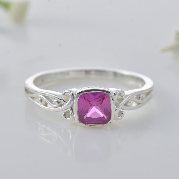 925 Sterling Silver Vintage Style 6x6MM Cushion Pink Topaz Solitaire Ring
