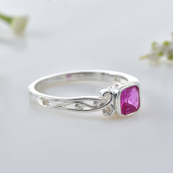 925 Sterling Silver Vintage Style 6x6MM Cushion Pink Topaz Solitaire Ring