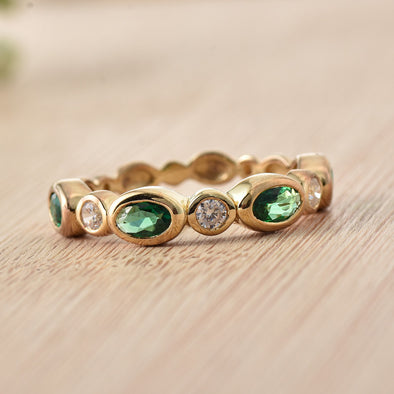 925 Sterling Silver 5x3MM Oval Emerald & White Topaz Eternity Band Ring