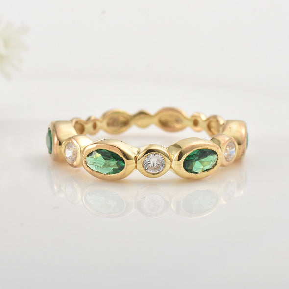 925 Sterling Silver 5x3MM Oval Emerald & White Topaz Eternity Band Ring