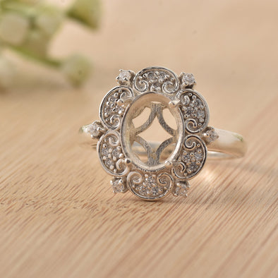 925 Sterling Silver Vintage Floral 10x8MM Oval Semi-Mount Ring