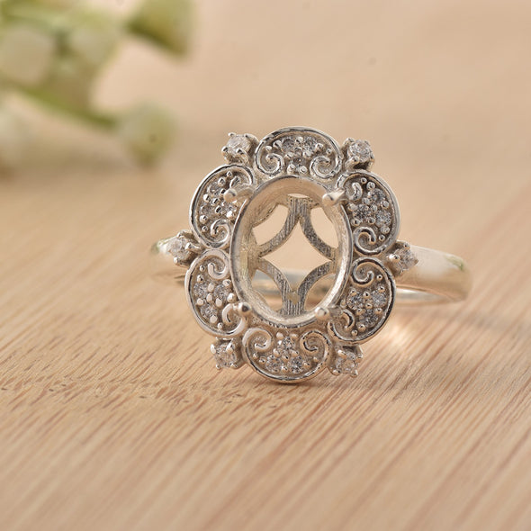 925 Sterling Silver Vintage Floral 10x8MM Oval Semi-Mount Ring