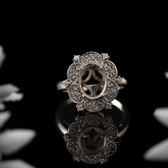 925 Sterling Silver Vintage Floral 10x8MM Oval Semi-Mount Ring