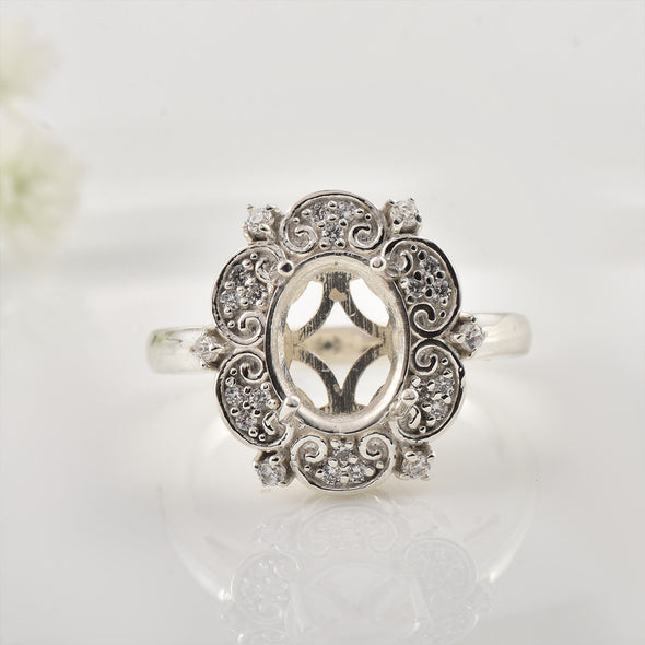925 Sterling Silver Vintage Floral 10x8MM Oval Semi-Mount Ring