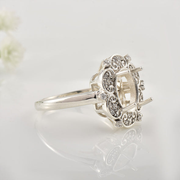 925 Sterling Silver Vintage Floral 10x8MM Oval Semi-Mount Ring