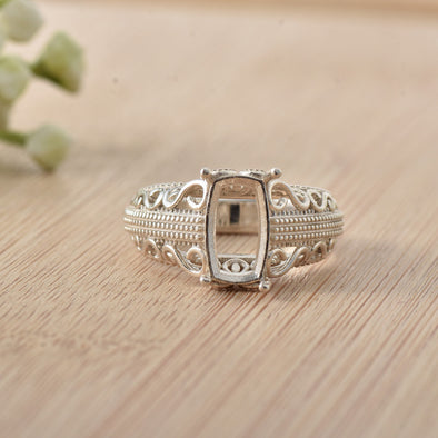 925 Sterling Silver Vintage 10x6MM Cushion Semi-Mount Filigree Ring