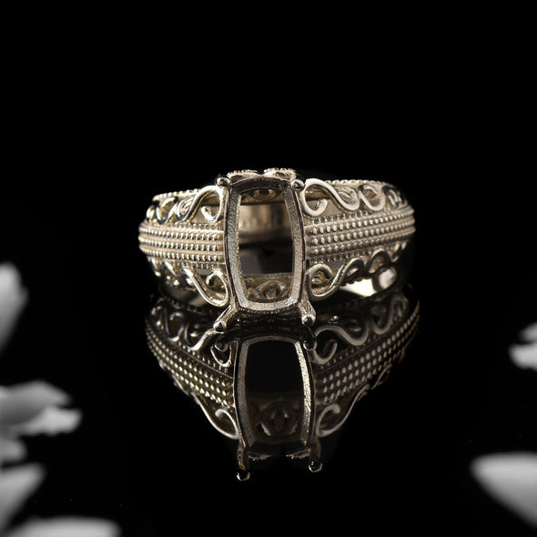 925 Sterling Silver Vintage 10x6MM Cushion Semi-Mount Filigree Ring