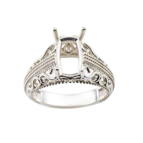925 Sterling Silver Vintage 10x6MM Cushion Semi-Mount Filigree Ring