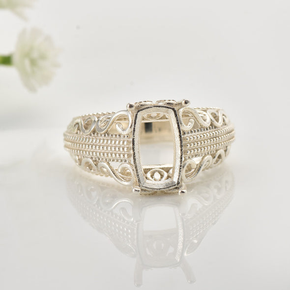 925 Sterling Silver Vintage 10x6MM Cushion Semi-Mount Filigree Ring
