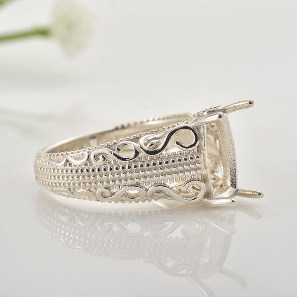 925 Sterling Silver Vintage 10x6MM Cushion Semi-Mount Filigree Ring