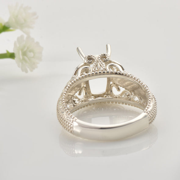 925 Sterling Silver Vintage 10x6MM Cushion Semi-Mount Filigree Ring