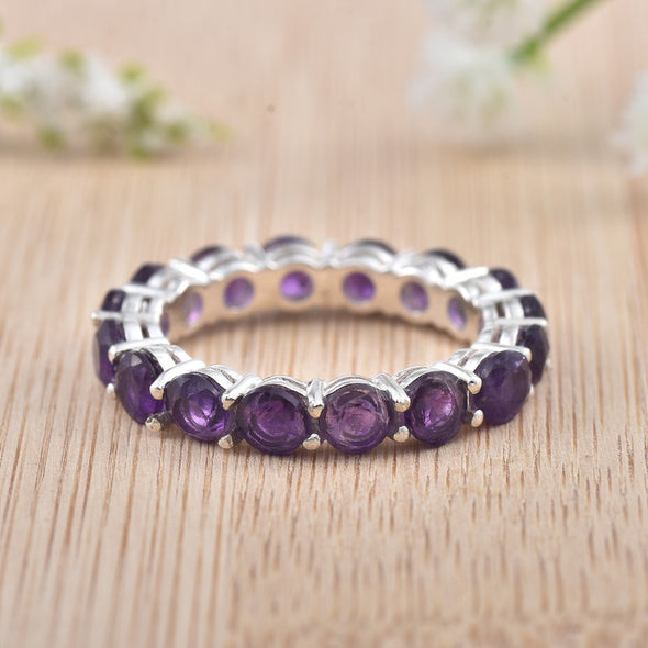 925 Sterling Silver Eternity Band 4x4MM Round Amethyst Ring