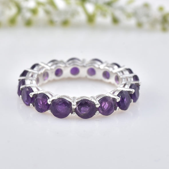 925 Sterling Silver Eternity Band 4x4MM Round Amethyst Ring