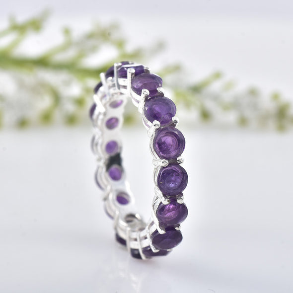 925 Sterling Silver Eternity Band 4x4MM Round Amethyst Ring