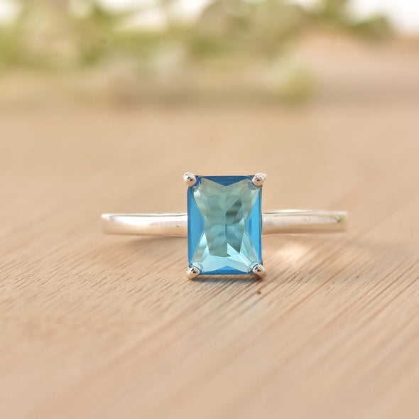 925 Sterling Silver 8x6mm Octagon Swiss Blue Topaz Solitaire Ring
