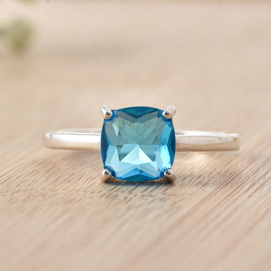 8x8mm Cushion Swiss Blue Topaz Solitaire Ring 925 Sterling Silver