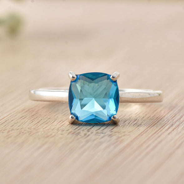 8x8mm Cushion Swiss Blue Topaz Solitaire Ring 925 Sterling Silver