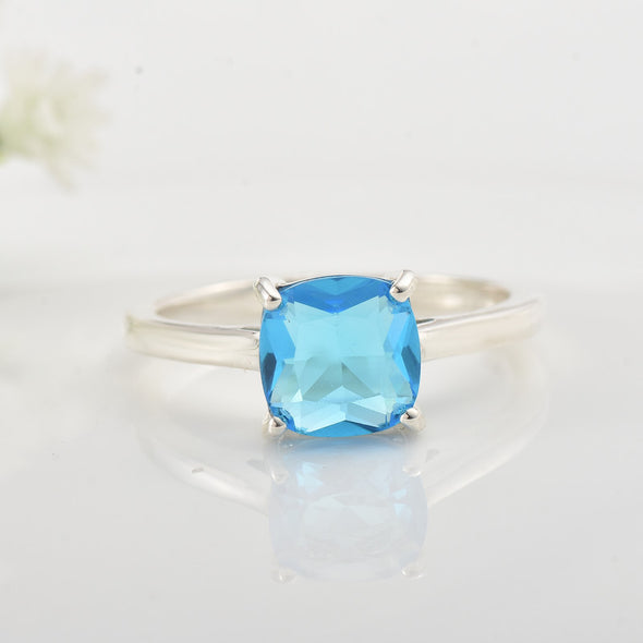 8x8mm Cushion Swiss Blue Topaz Solitaire Ring 925 Sterling Silver