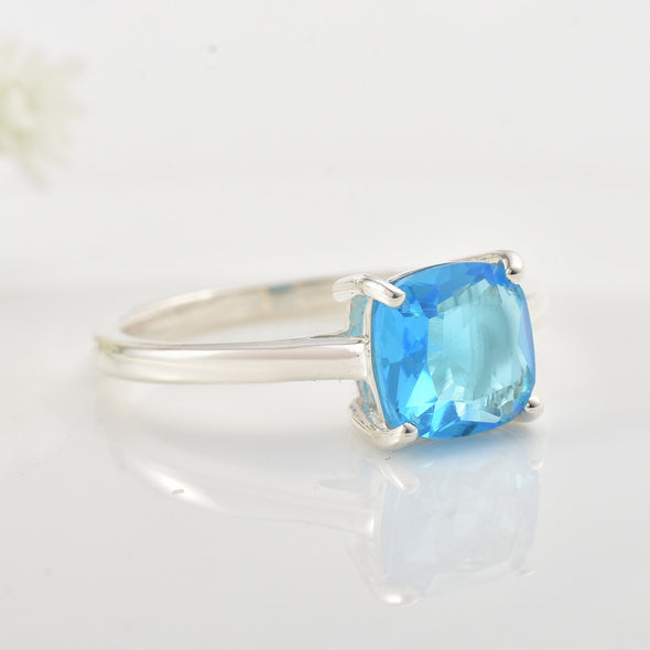 8x8mm Cushion Swiss Blue Topaz Solitaire Ring 925 Sterling Silver