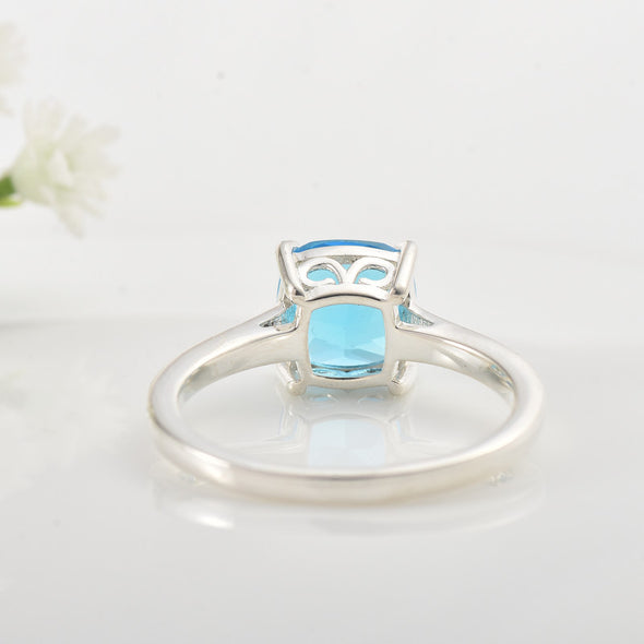 8x8mm Cushion Swiss Blue Topaz Solitaire Ring 925 Sterling Silver